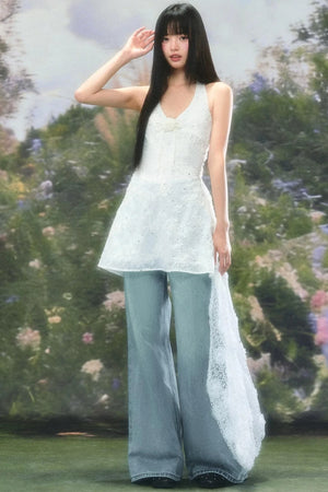 Three-Dimensional Floral Halter Dress Set-Up