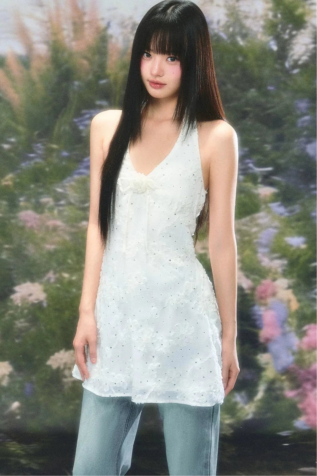 Three-Dimensional Floral Halter Dress Set-Up
