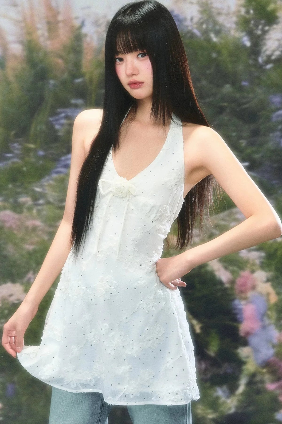 Three-Dimensional Floral Halter Dress Set-Up