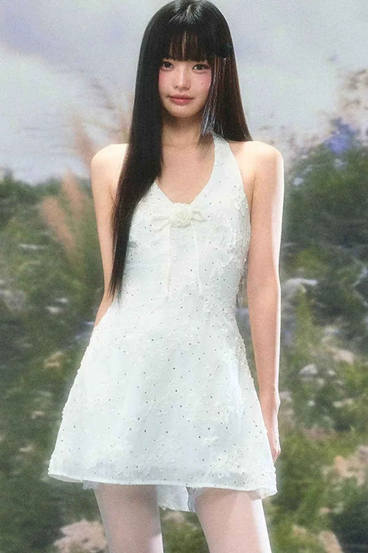 Three-Dimensional Floral Halter Dress Set-Up