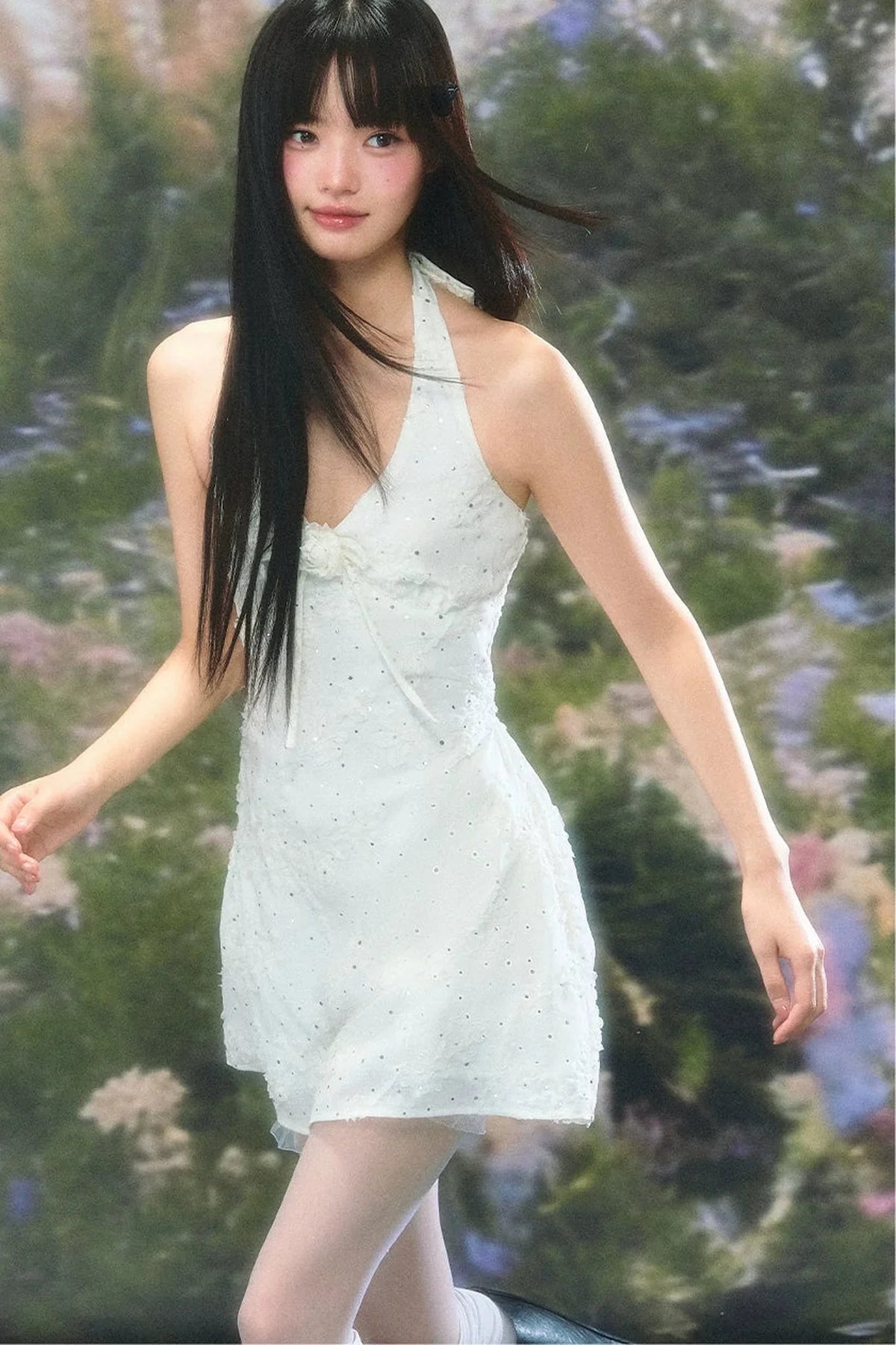 Three-Dimensional Floral Halter Dress Set-Up