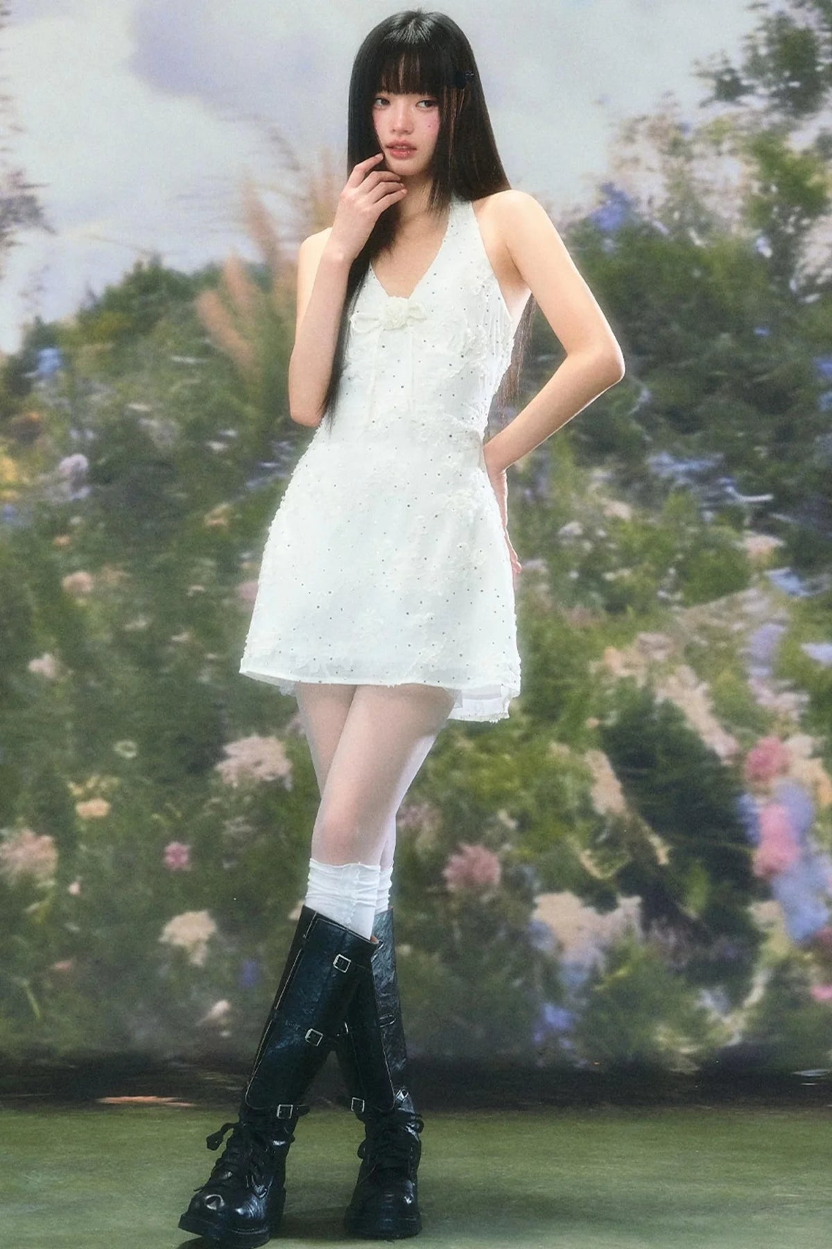 Three-Dimensional Floral Halter Dress Set-Up
