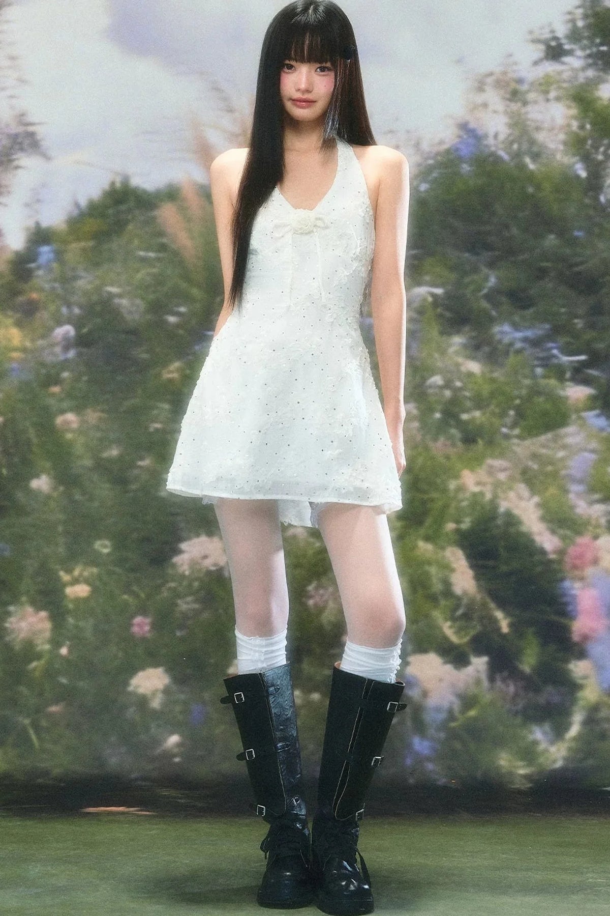 Three-Dimensional Floral Halter Dress Set-Up
