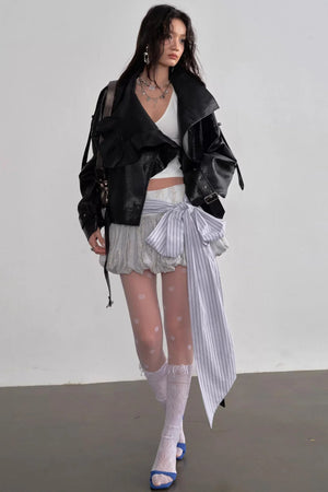Three-Dimensional Ruffled Faux Leather Jacket
