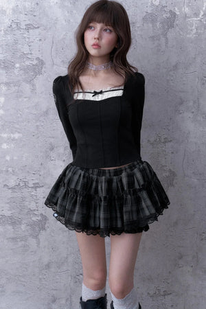 Three-Layer Gray Black Plaid Puffy Skirt
