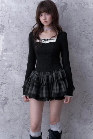 Three-Layer Gray Black Plaid Puffy Skirt