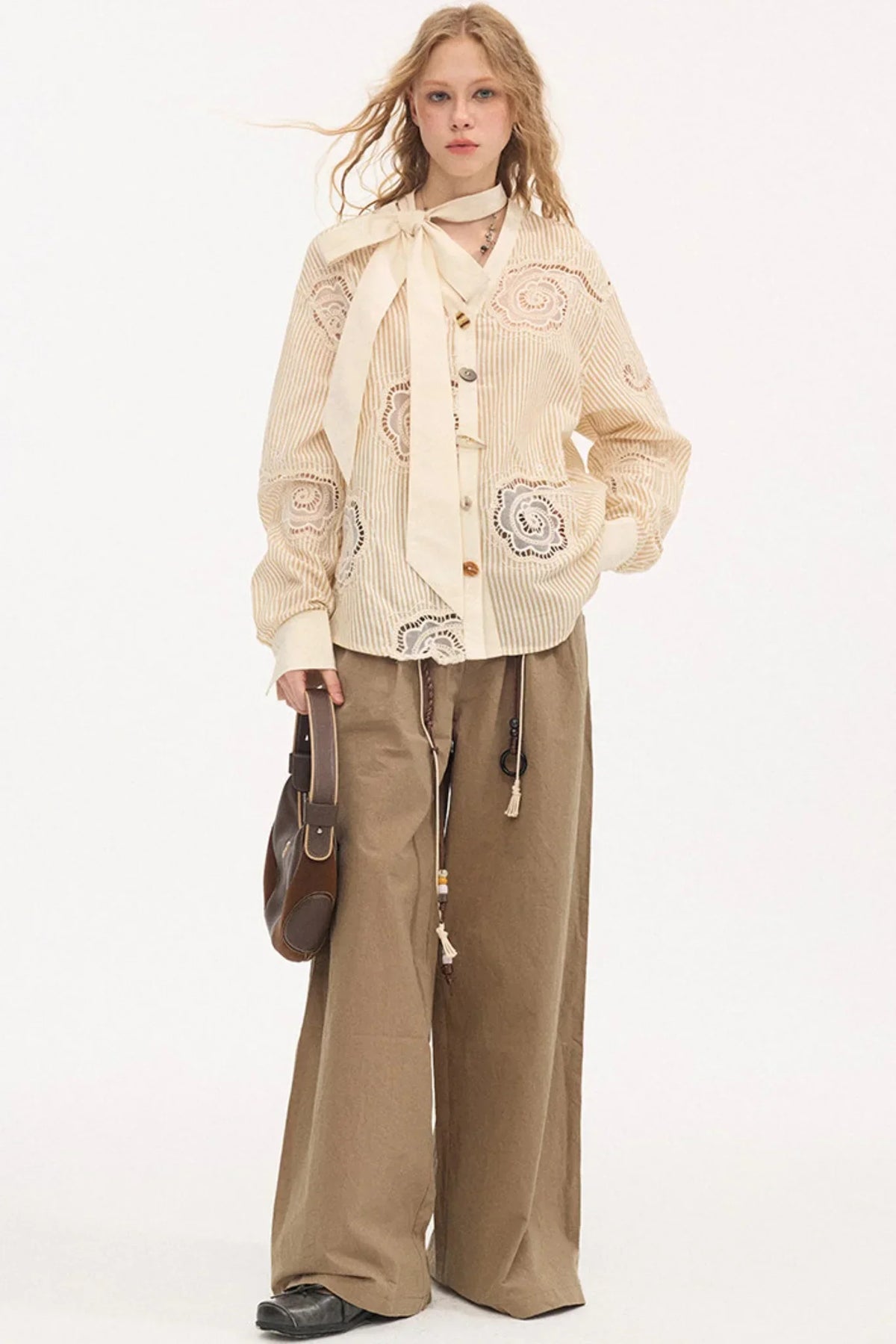 Tie-Back Bow Embroidered Shirt