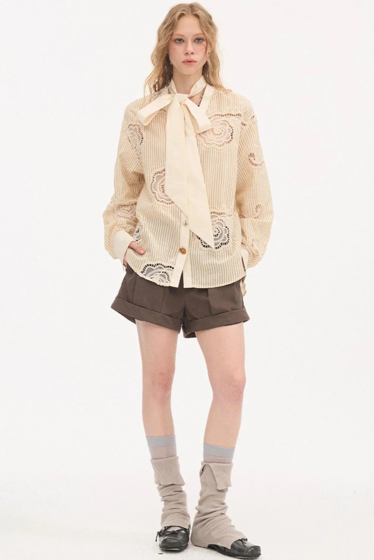 Tie-Back Bow Embroidered Shirt