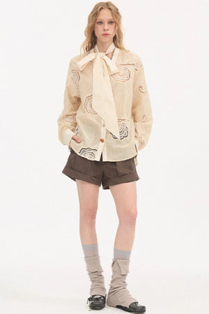 Tie-Back Bow Embroidered Shirt