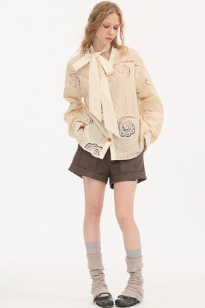 Tie-Back Bow Embroidered Shirt