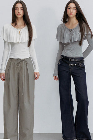 Tie-Front Ruffle Cape Long Sleeve Top
