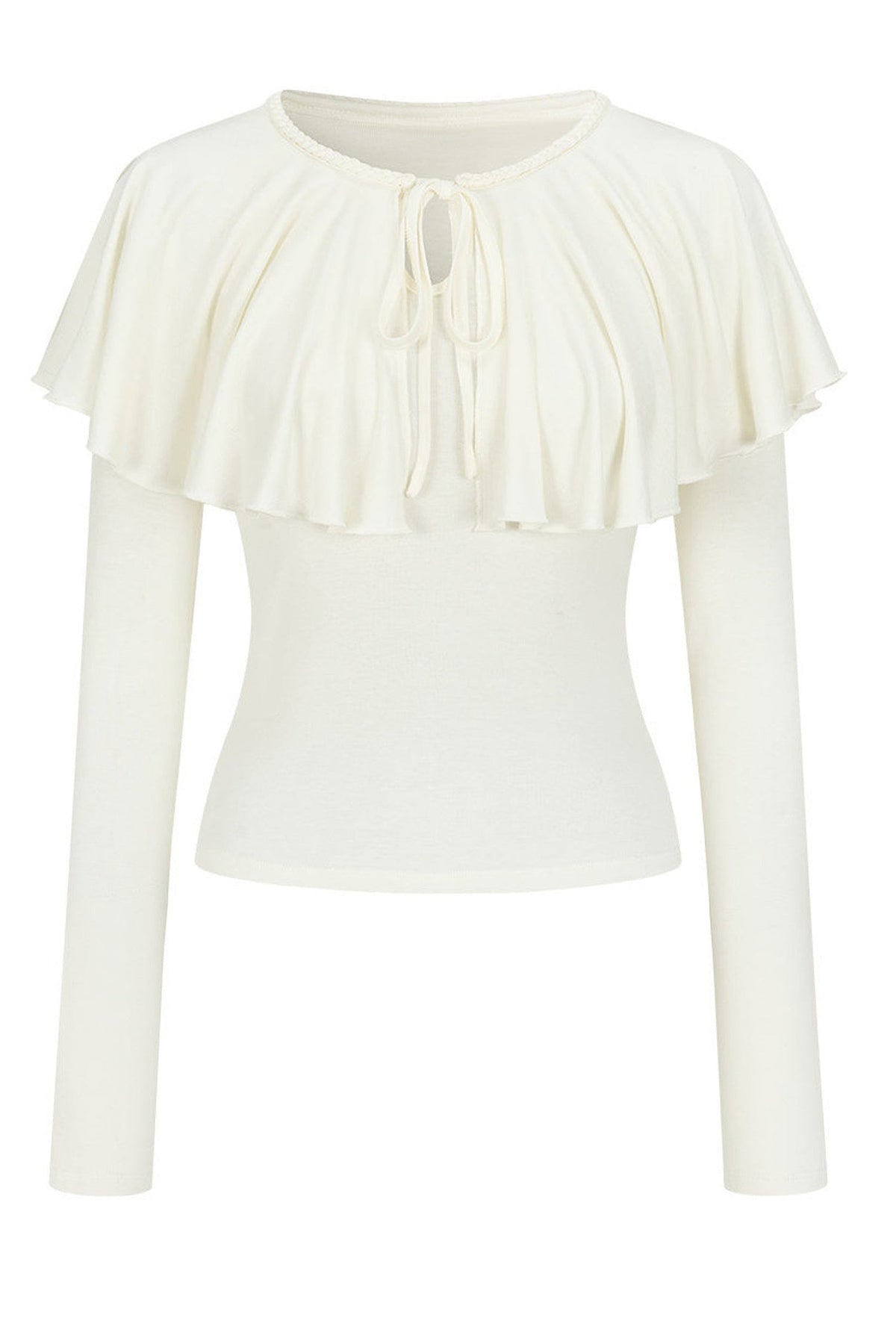 Tie-Front Ruffle Cape Long Sleeve Top
