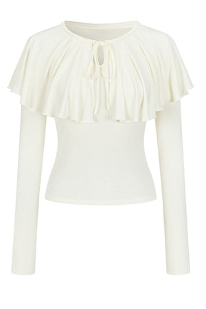 Tie-Front Ruffle Cape Long Sleeve Top