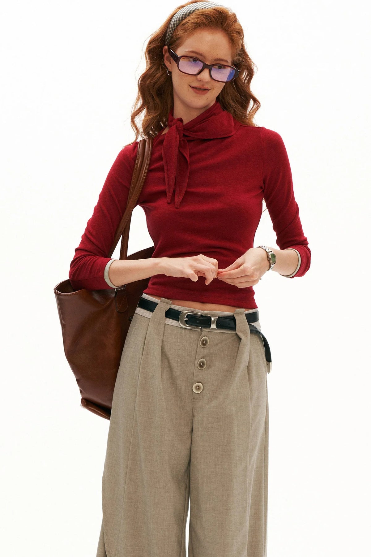Tie-Neck Long-Sleeve Knit Top