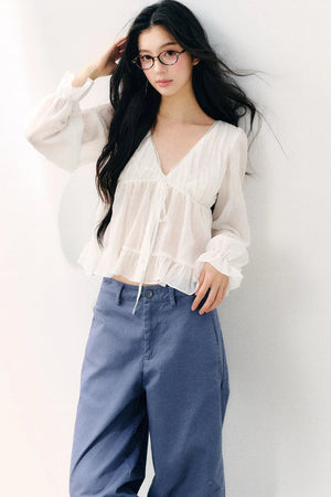 Tie Neck V-Neck Long Sleeve Ruffle Chiffon Blouse