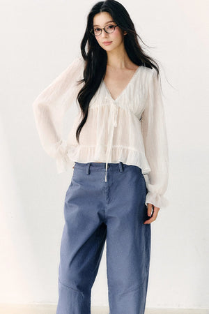Tie Neck V-Neck Long Sleeve Ruffle Chiffon Blouse