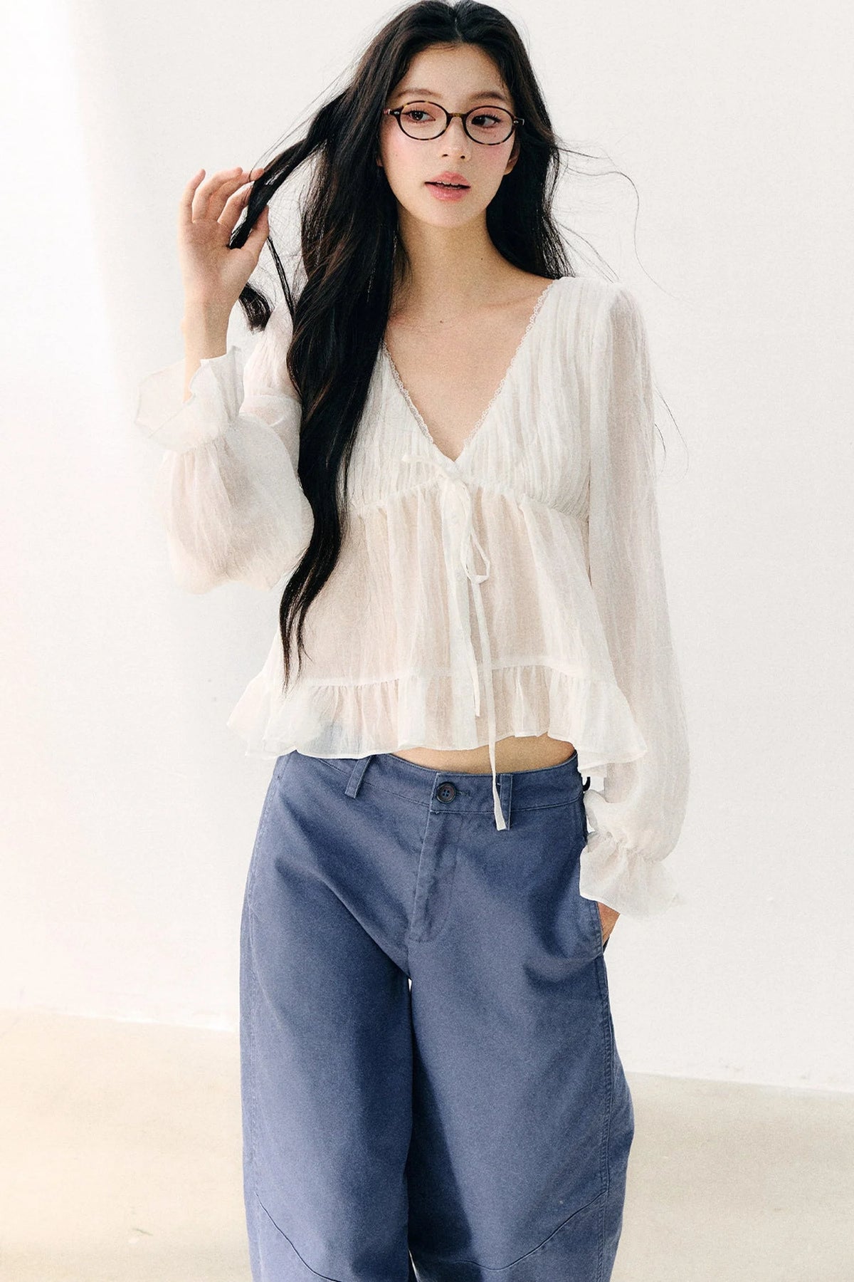 Tie Neck V-Neck Long Sleeve Ruffle Chiffon Blouse
