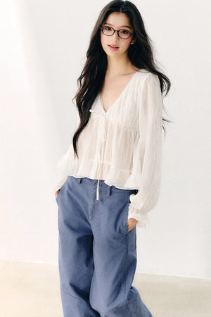 Tie Neck V-Neck Long Sleeve Ruffle Chiffon Blouse