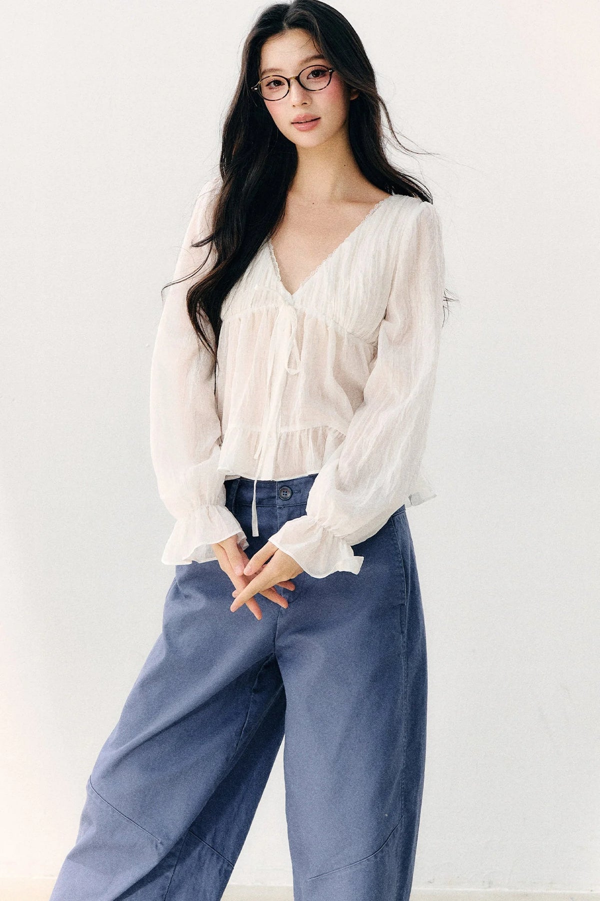 Tie Neck V-Neck Long Sleeve Ruffle Chiffon Blouse