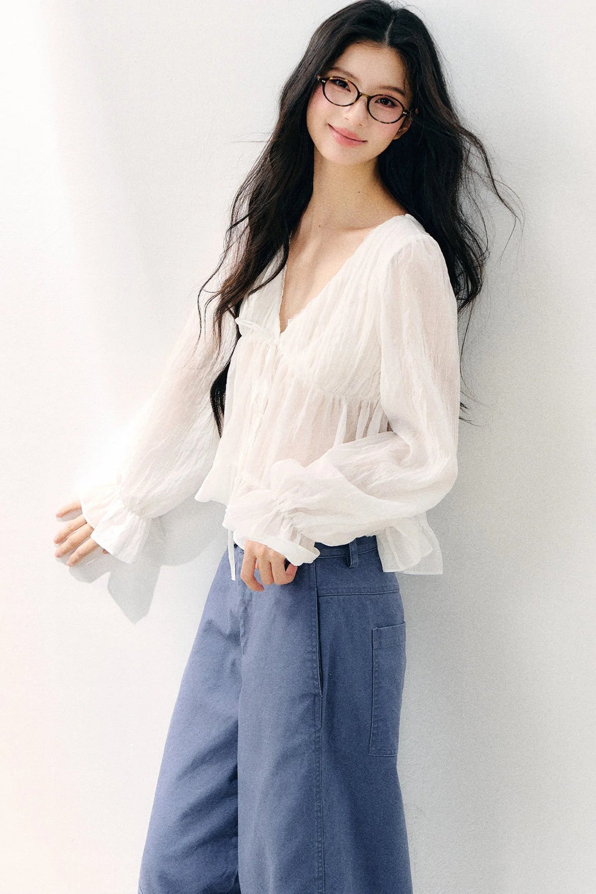 Tie Neck V-Neck Long Sleeve Ruffle Chiffon Blouse