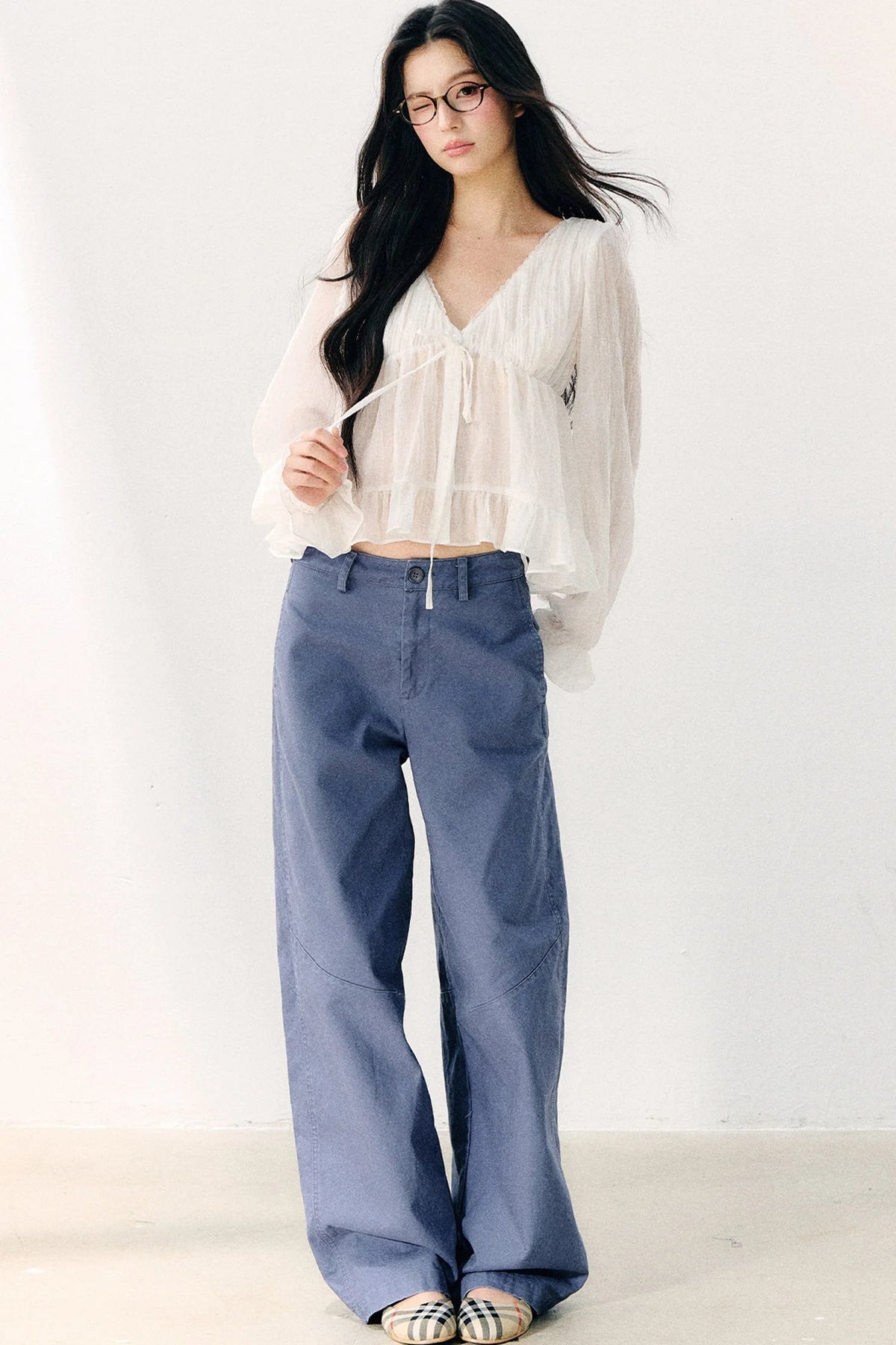 Tie Neck V-Neck Long Sleeve Ruffle Chiffon Blouse