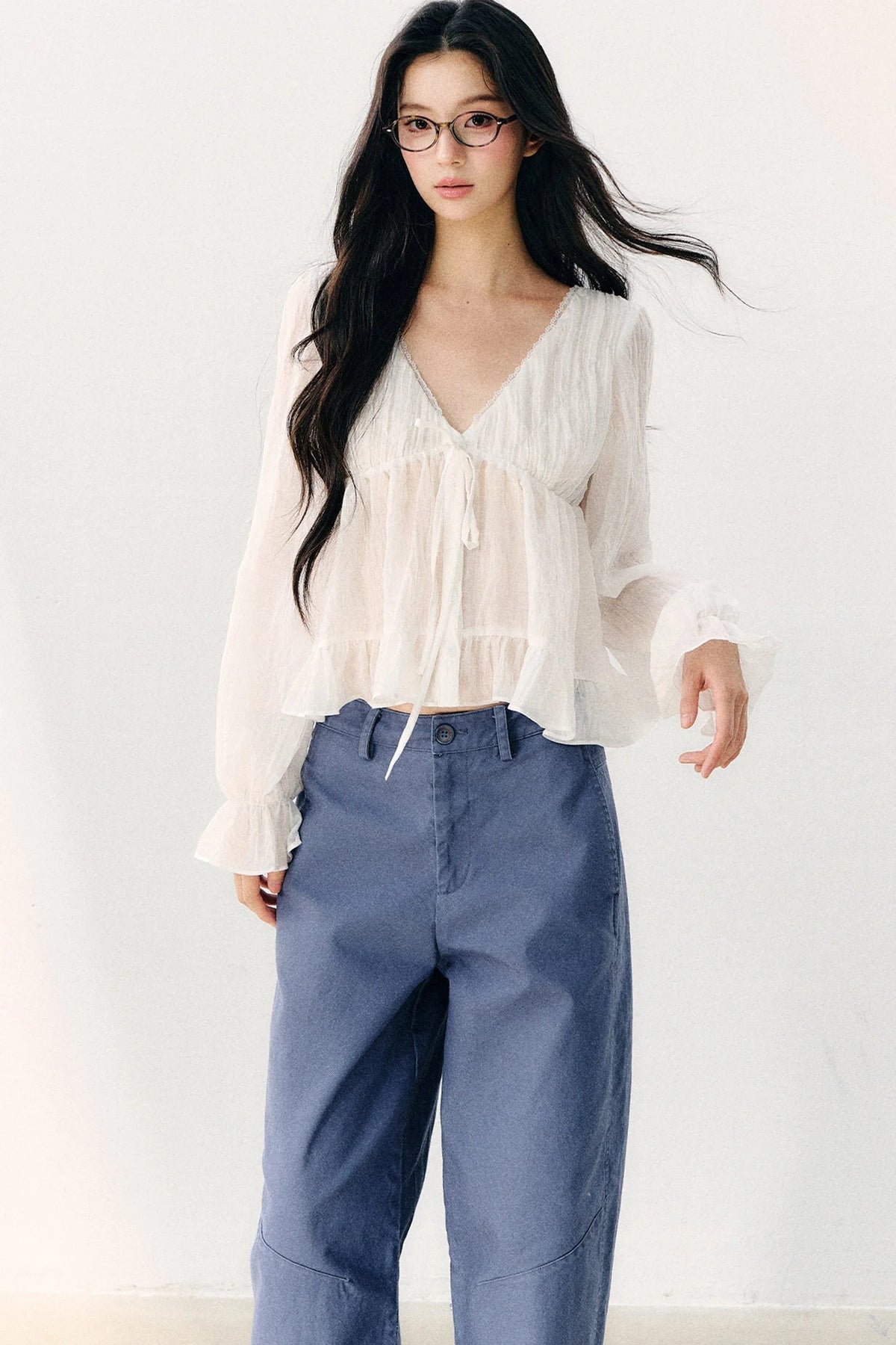 Tie Neck V-Neck Long Sleeve Ruffle Chiffon Blouse