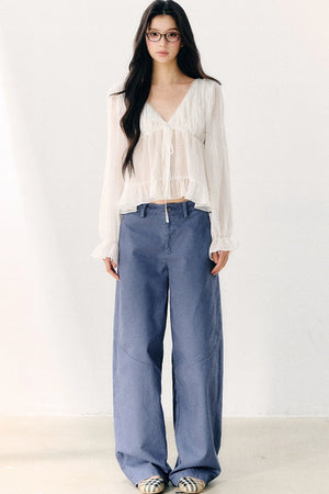 Tie Neck V-Neck Long Sleeve Ruffle Chiffon Blouse