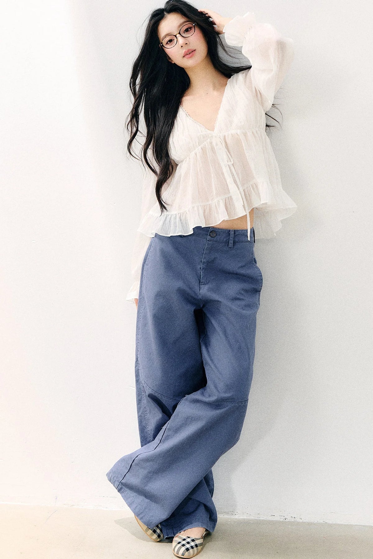 Tie Neck V-Neck Long Sleeve Ruffle Chiffon Blouse