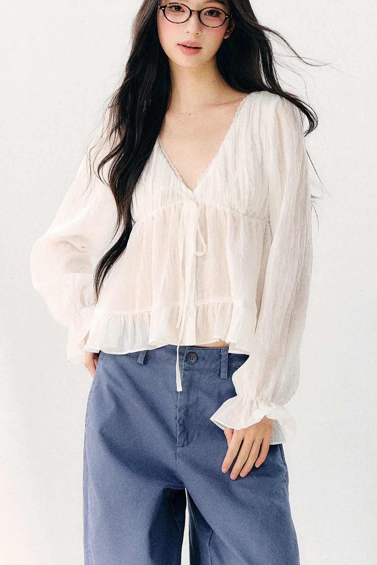 Tie Neck V-Neck Long Sleeve Ruffle Chiffon Blouse