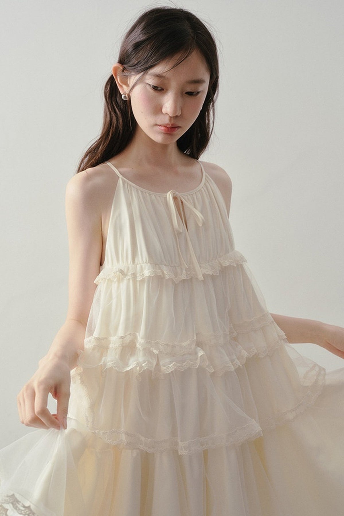 Tiered Lace Mesh Camisole Dress