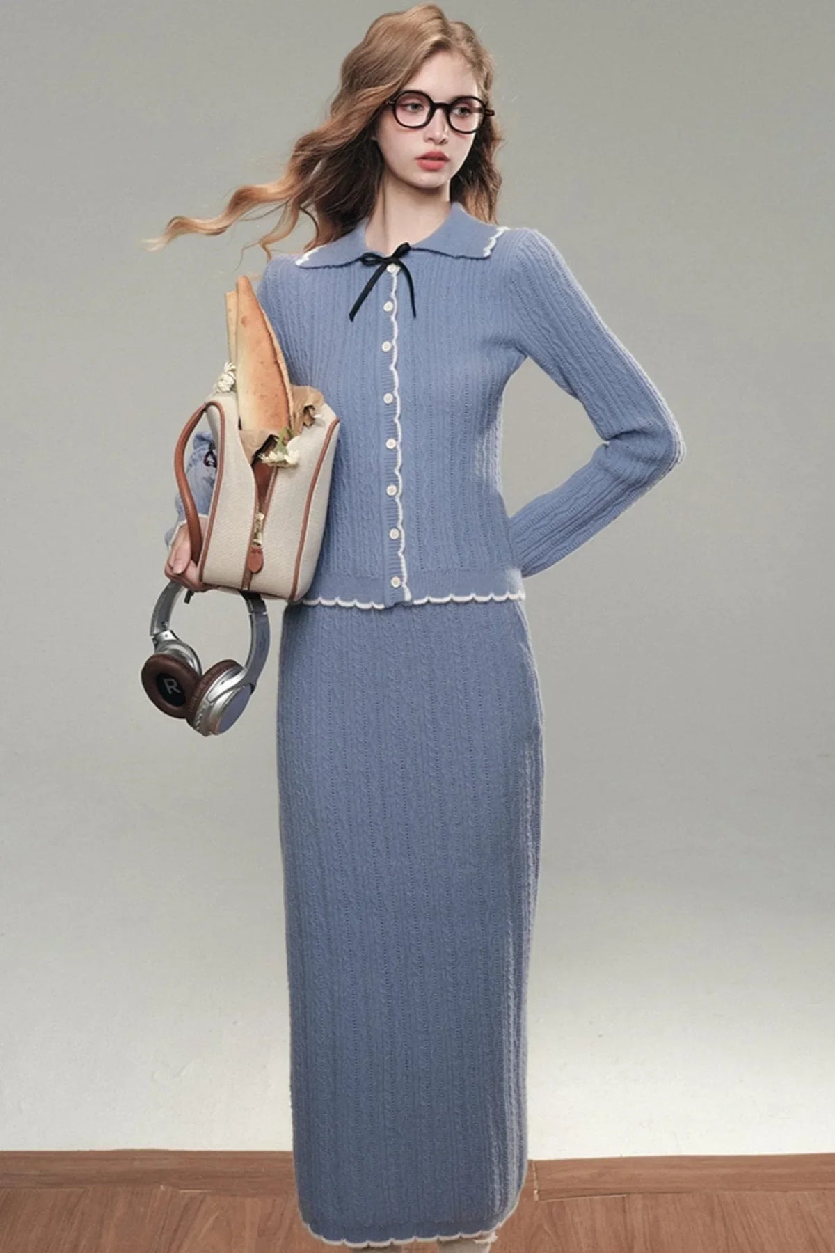 Tranquility Blue Knitted Cardigan Skirt Set-Up