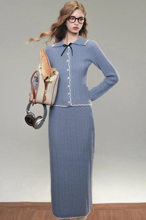 Tranquility Blue Knitted Cardigan Skirt Set-Up