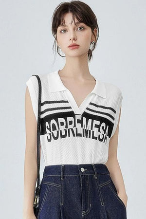 Trendy Sleeveless Alphabet Polo Top
