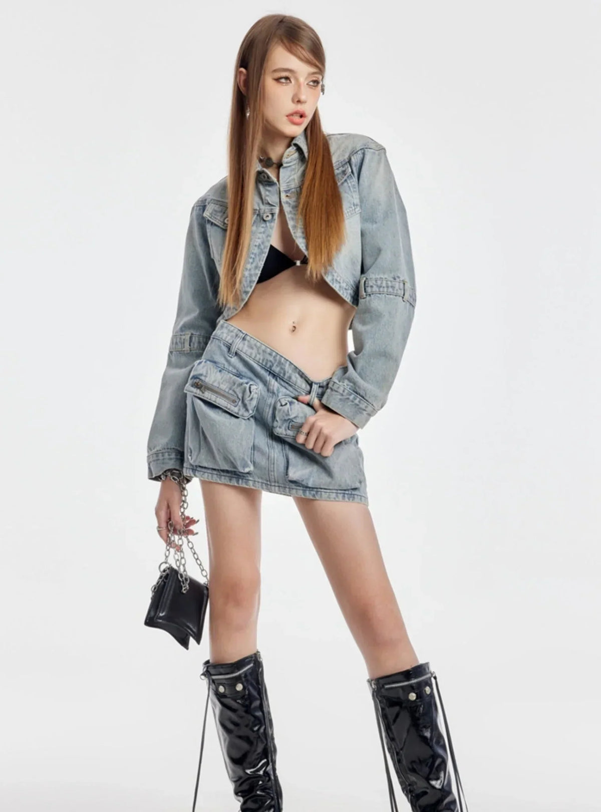Triangle Cutout Cropped Coat With Short Skirt Set-Up