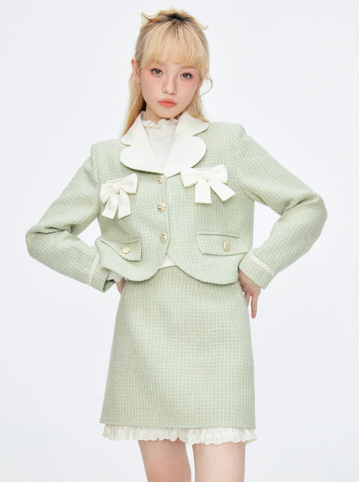Tweed Green Suit Short Skirt Set