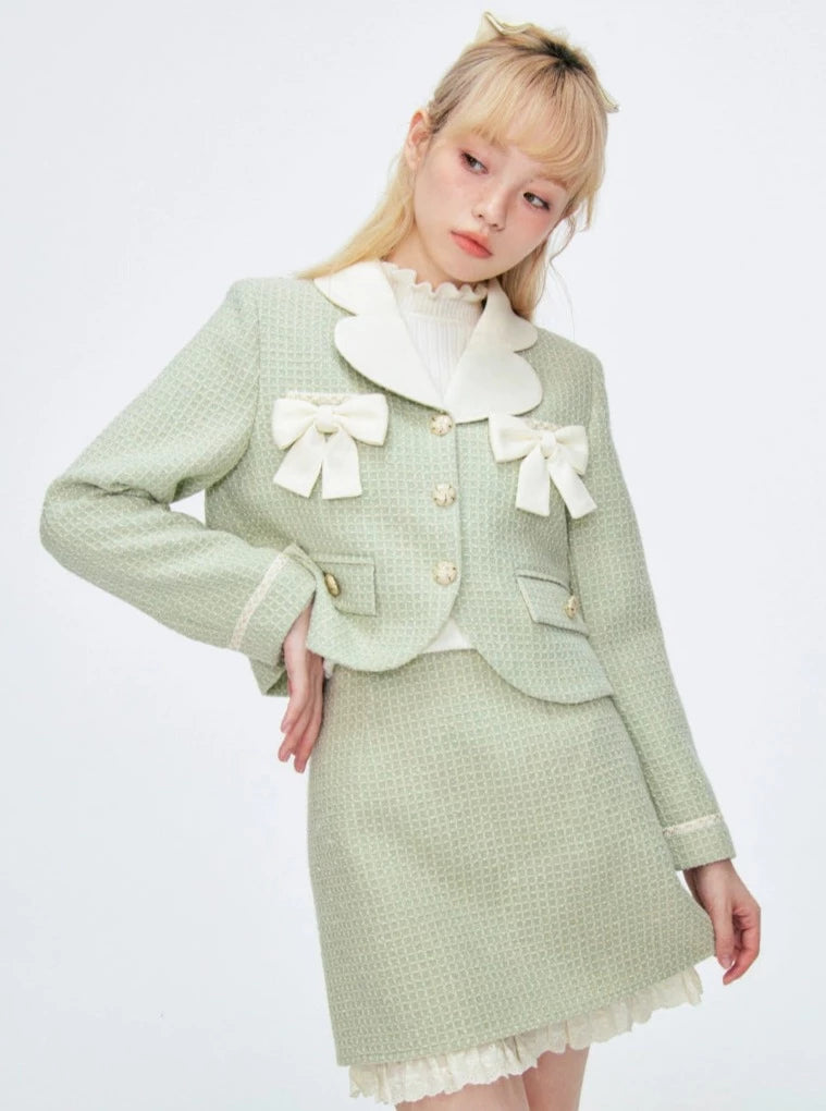 Tweed Green Suit Short Skirt Set