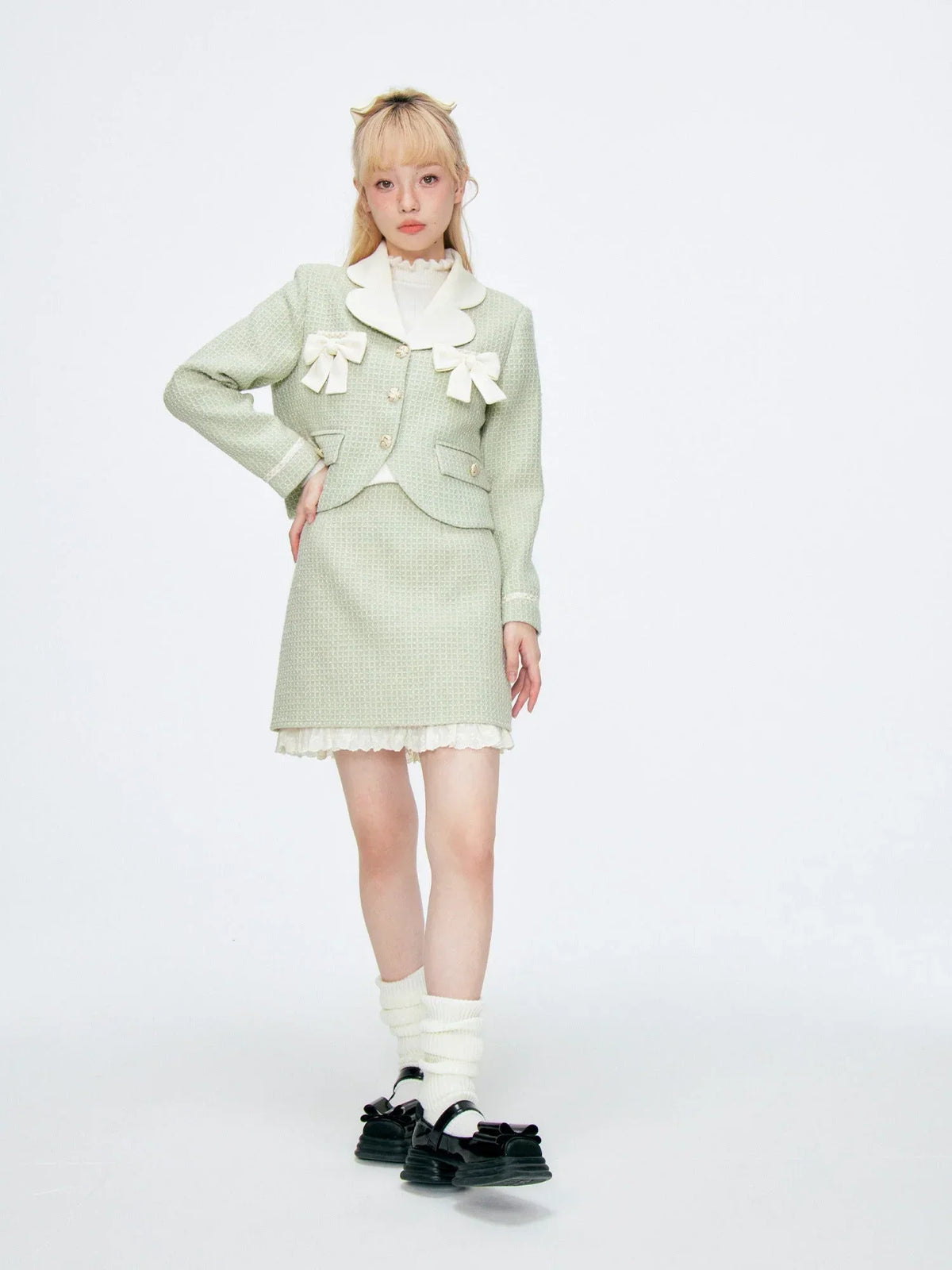 Tweed Green Suit Short Skirt Set