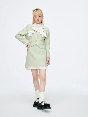 Tweed Green Suit Short Skirt Set