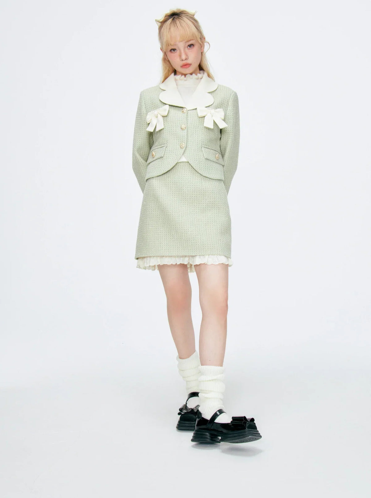 Tweed Green Suit Short Skirt Set