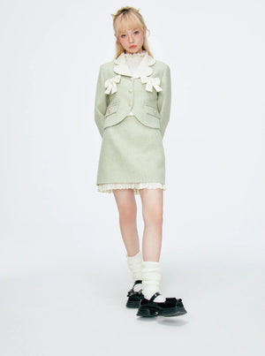 Tweed Green Suit Short Skirt Set