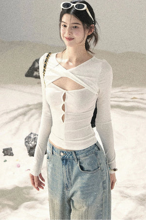 Twist-Knit Hollow-Out Top