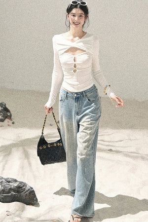 Twist-Knit Hollow-Out Top