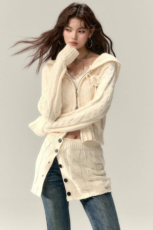 Twist Pattern Knit Sweater Jacket & Skirt Set-Up