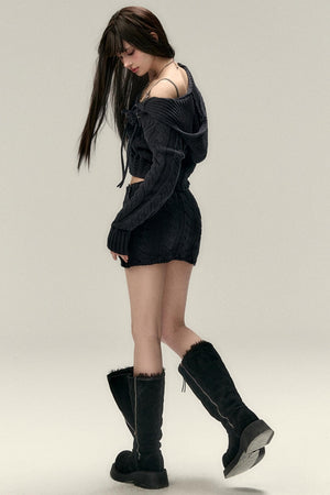 Twist Pattern Knit Sweater Jacket & Skirt Set-Up