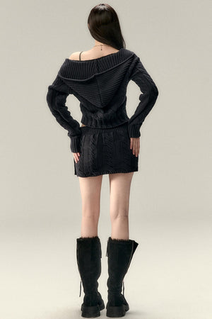 Twist Pattern Knit Sweater Jacket & Skirt Set-Up