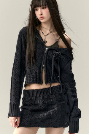Twist Pattern Knit Sweater Jacket & Skirt Set-Up