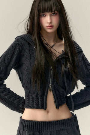 Twist Pattern Knit Sweater Jacket & Skirt Set-Up