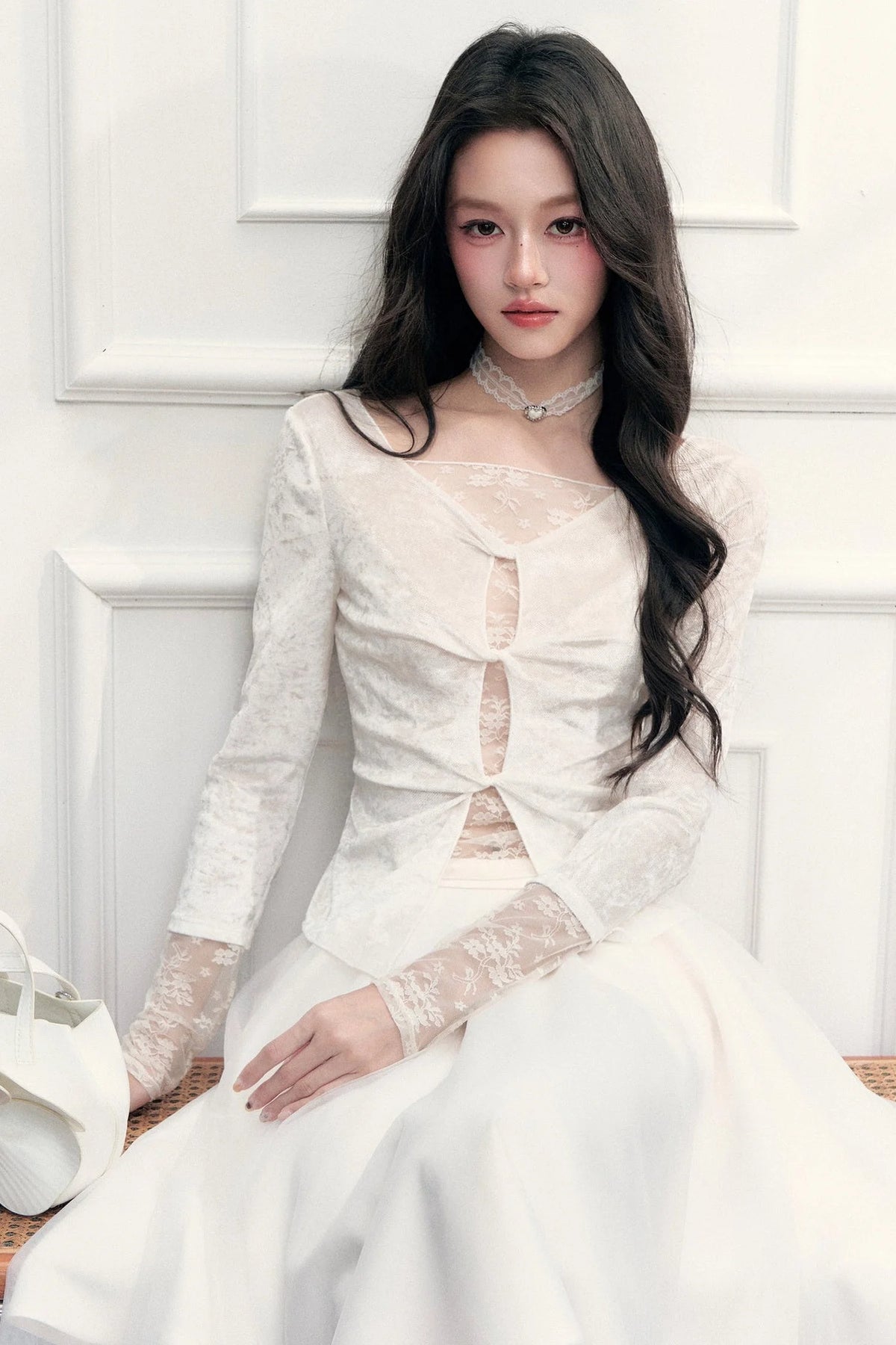 Twisted Hollow Lace Top and Skirt Set-Up