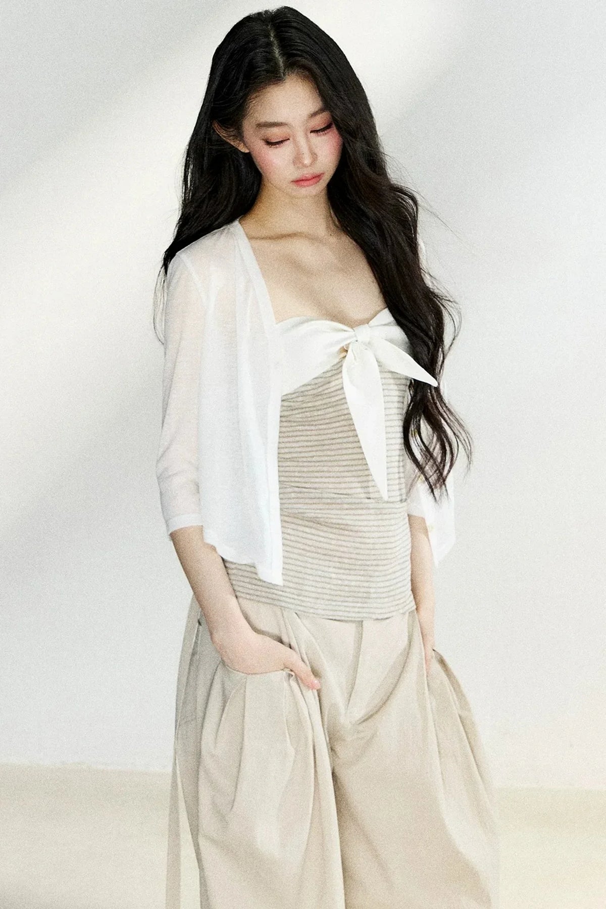 Two-Tone Striped Bow Cardigan Set-Up