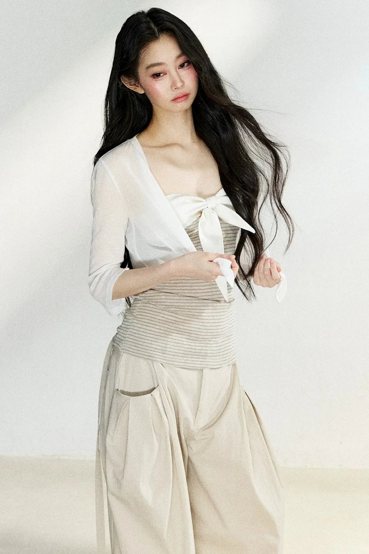 Two-Tone Striped Bow Cardigan Set-Up